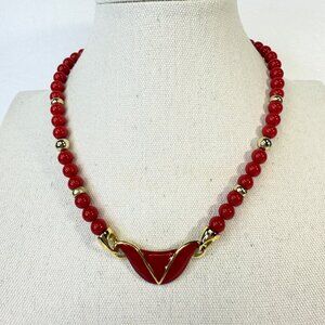 Vintage Napier Necklace Red Enamel Gold Tone Classic Chic 80s Signed